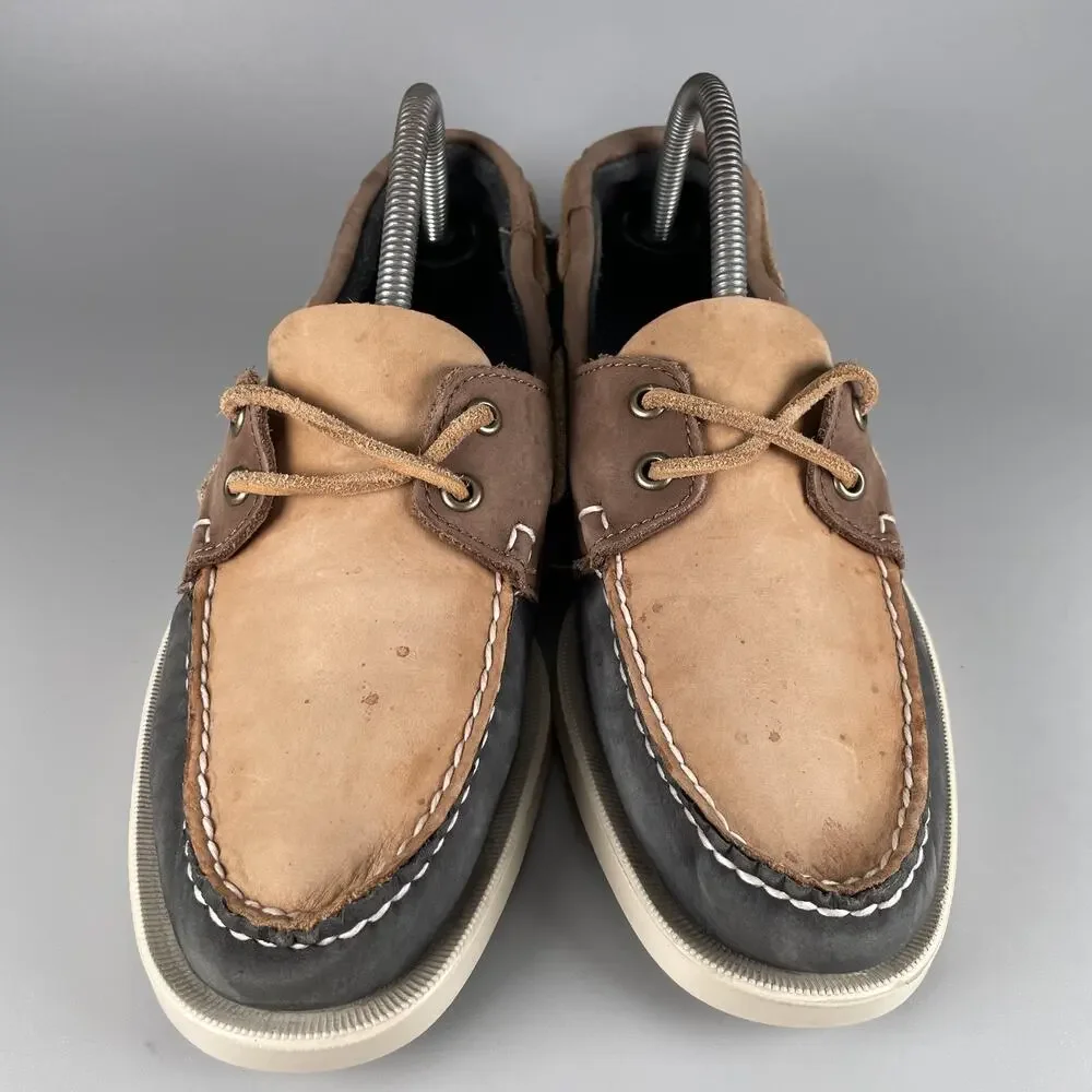 Sebago Authentic Men's 8.5 Navy Brown Leather Lace Up Loafers Boat Shoes Casual